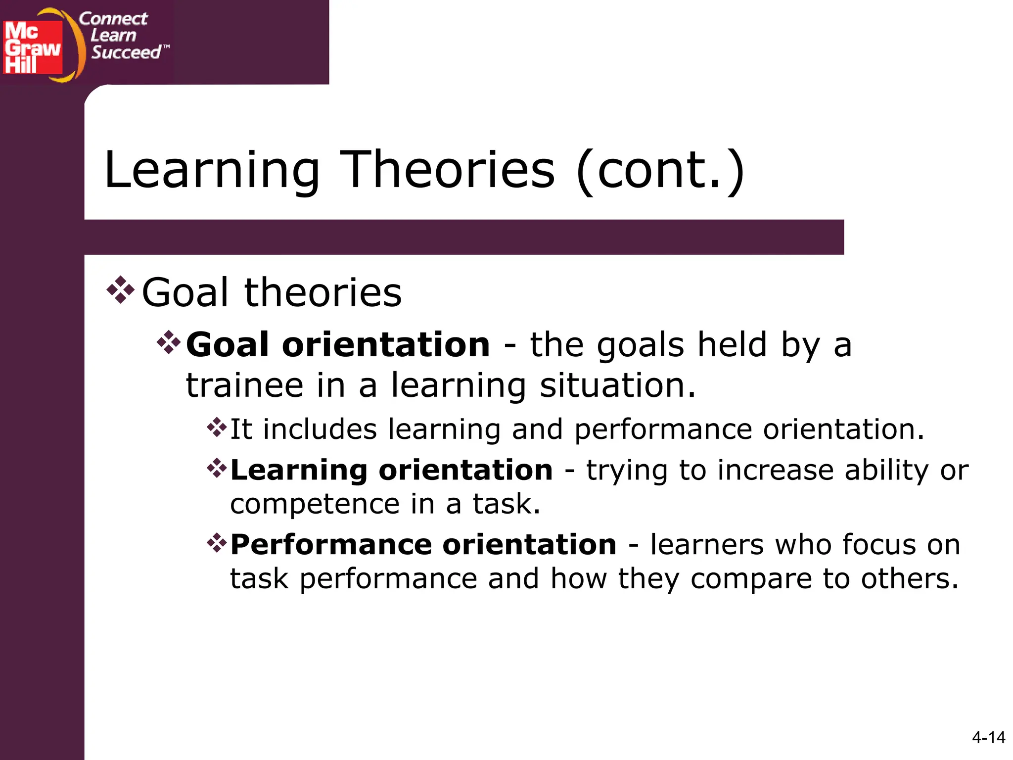 4-14
Goal theories
Goal orientation - the goals held by a
trainee in a learning situation.
It includes learning and performance orientation.
Learning orientation - trying to increase ability or
competence in a task.
Performance orientation - learners who focus on
task performance and how they compare to others.
Learning Theories (cont.)
 