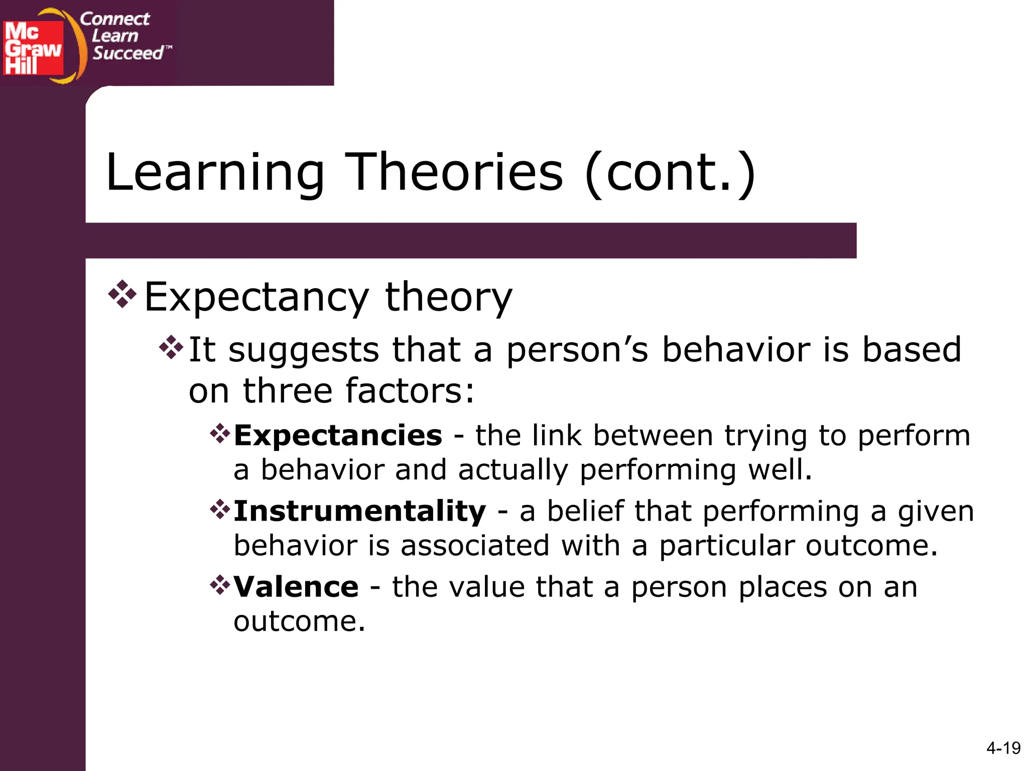 4-19
Learning Theories (cont.)
Expectancy theory
It suggests that a person’s behavior is based
on three factors:
Expectancies - the link between trying to perform
a behavior and actually performing well.
Instrumentality - a belief that performing a given
behavior is associated with a particular outcome.
Valence - the value that a person places on an
outcome.
 