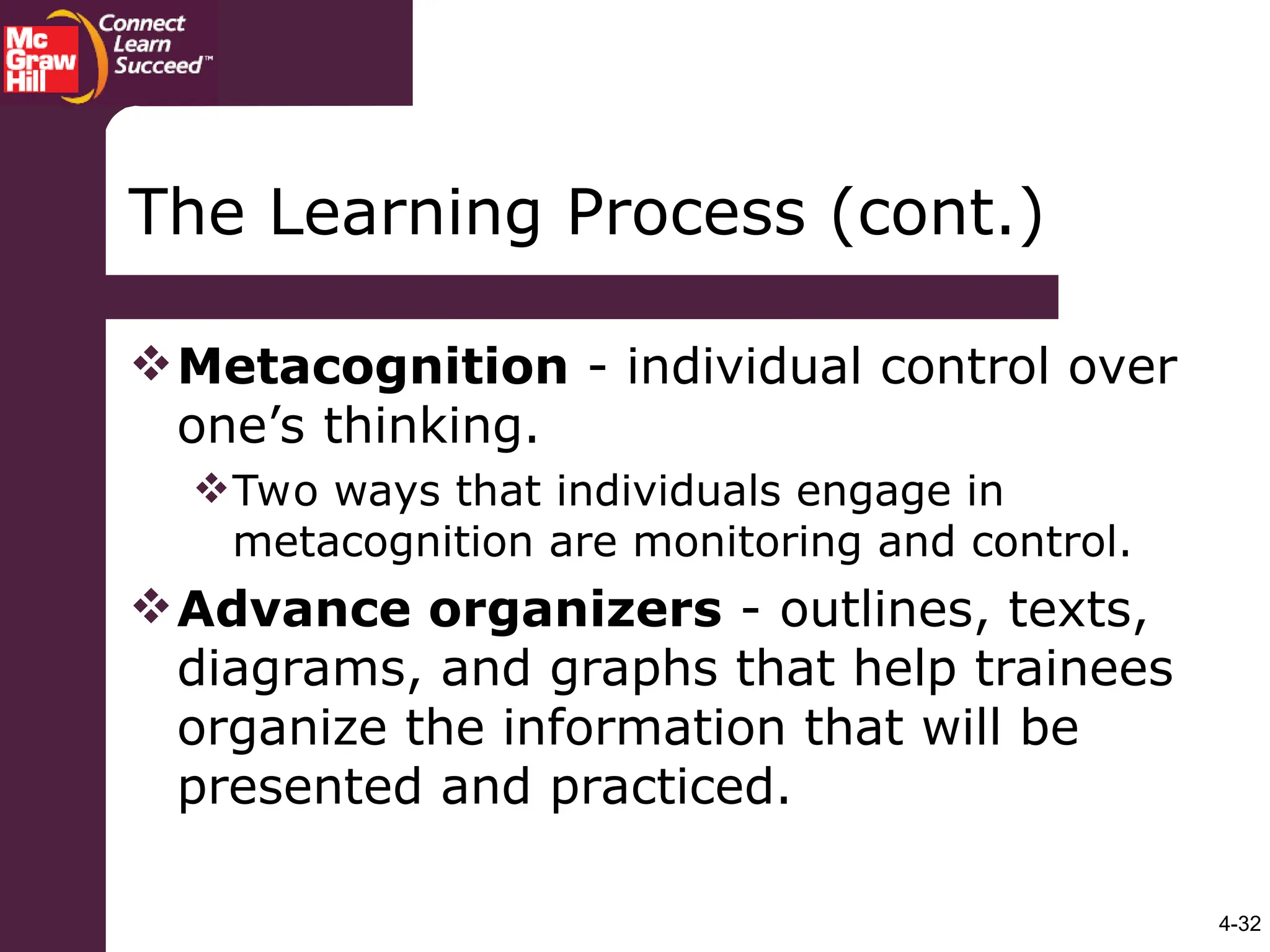 4-32
The Learning Process (cont.)
Metacognition - individual control over
one’s thinking.
Two ways that individuals engage in
metacognition are monitoring and control.
Advance organizers - outlines, texts,
diagrams, and graphs that help trainees
organize the information that will be
presented and practiced.
 