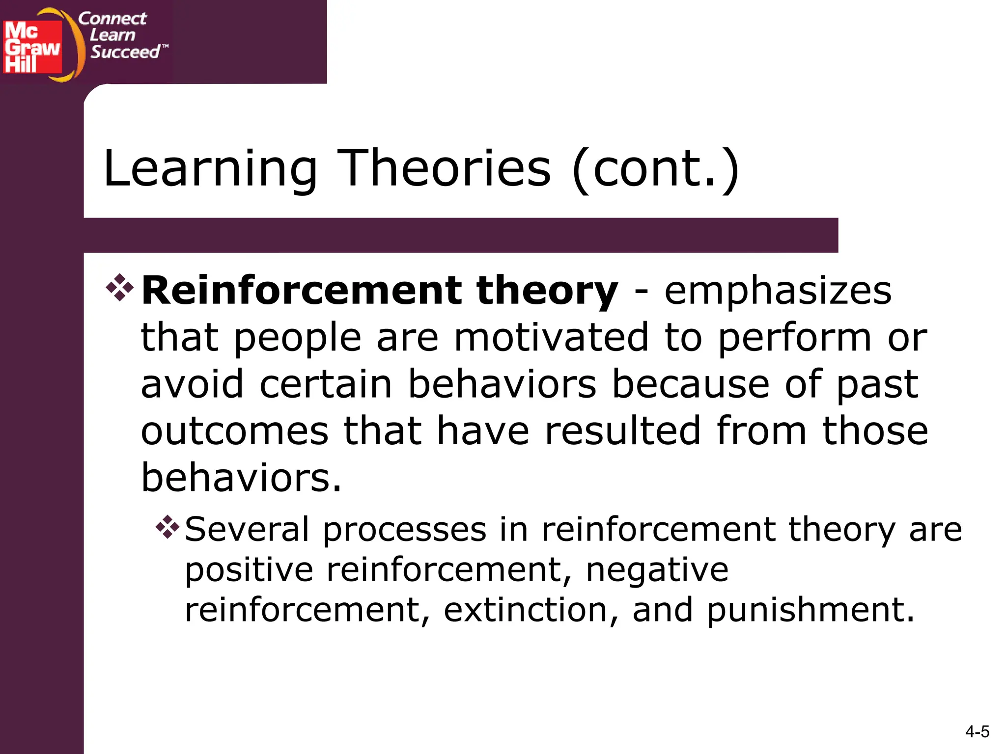 4-5
Reinforcement theory - emphasizes
that people are motivated to perform or
avoid certain behaviors because of past
outcomes that have resulted from those
behaviors.
Several processes in reinforcement theory are
positive reinforcement, negative
reinforcement, extinction, and punishment.
Learning Theories (cont.)
 
