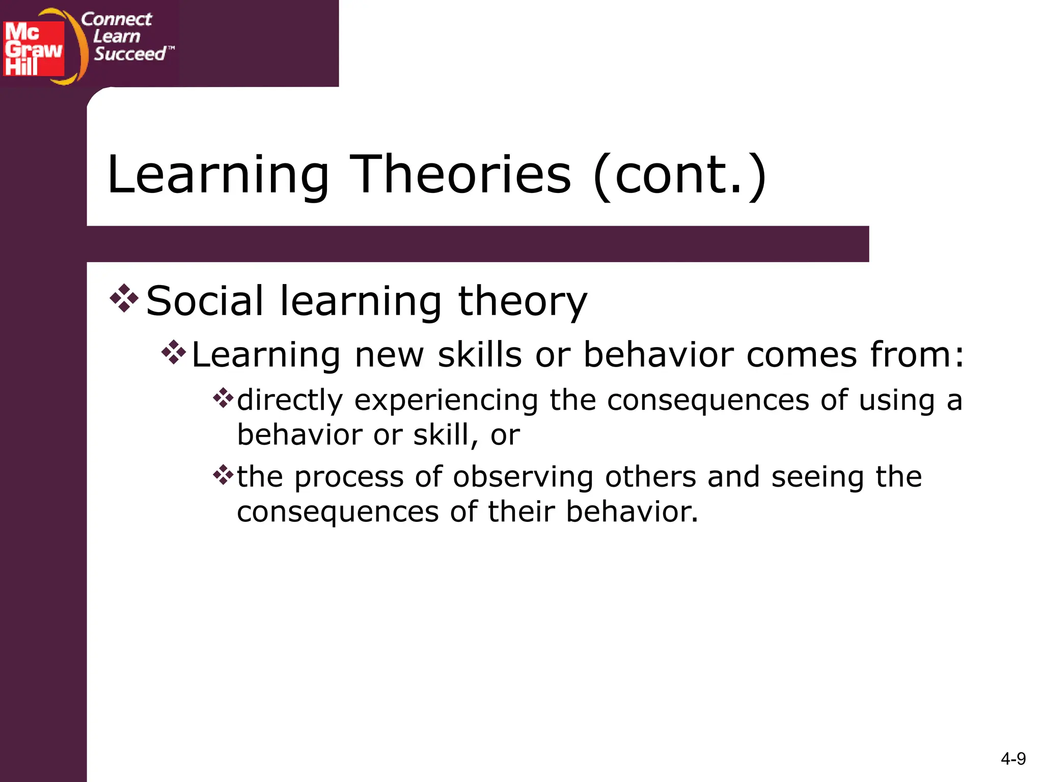 4-9
Social learning theory
Learning new skills or behavior comes from:
directly experiencing the consequences of using a
behavior or skill, or
the process of observing others and seeing the
consequences of their behavior.
Learning Theories (cont.)
 