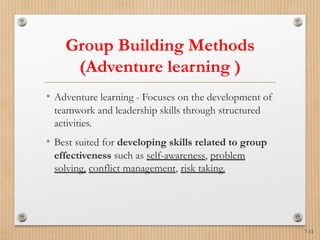 7-11
Group Building Methods
(Adventure learning )
• Adventure learning - Focuses on the development of
teamwork and leadership skills through structured
activities.
• Best suited for developing skills related to group
effectiveness such as self-awareness, problem
solving, conflict management, risk taking.
 