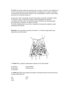 6° UECE Os isótopos radioativos permitem que se marque o trajeto de uma substância no
interior da célula pela técnica da radioautografia. Considerando-se a ordem cronológica,
um aminoácido marcado radioativamente, ao ser acompanhado no interior de uma célula,
encontrar-se-á em primeiro lugar, no:

a) lisossomo, onde o aminoácido faz parte das proteínas envolvidas na digestão celular;
b) ribossomo, onde o aminoácido é ligado à cadeia polipeptídica da proteína;
c) complexo de Golgi, onde o aminoácido pertence a proteínas que serão preparadas
para exportação ou utilização no interior da célula;
d) retículo endoplasmático, que realiza o transporte do aminoácido acoplado à cadeia
polipeptídica da proteína.


Instruções: Para responder às questões de números 7 e 8 utilize a figura abaixo que
representa uma célula animal.




7° Unifor-CE A organela citoplasmática indicada em II é denominada:

a) centríolo               d) mitocôndria
b) ribossomo               e) peroxissomo
c) lisossomo

8° Unifor-CE Células que produzem hormônios esteróides possuem bem desenvolvida a
estrutura identificada em:

a) I                       d) IV
b) II                      e) V
c) III
 