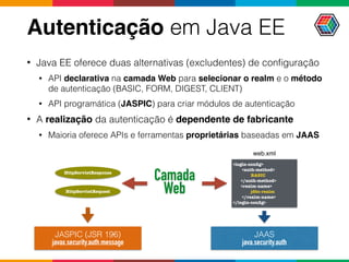 Autenticação em Java EE
• Java EE oferece duas alternativas (excludentes) de conﬁguração
• API declarativa na camada Web para selecionar o realm e o método
de autenticação (BASIC, FORM, DIGEST, CLIENT)
• API programática (JASPIC) para criar módulos de autenticação
• A realização da autenticação é dependente de fabricante
• Maioria oferece APIs e ferramentas proprietárias baseadas em JAAS
JASPIC (JSR 196)
javax.security.auth.message
JAAS 
java.security.auth
HttpServletRequest
HttpServletResponse
<login-conﬁg>
<auth-method> 
BASIC 
</auth-method>
<realm-name> 
jdbc-realm 
</realm-name>
</login-conﬁg>
web.xml
Camada 
Web
 