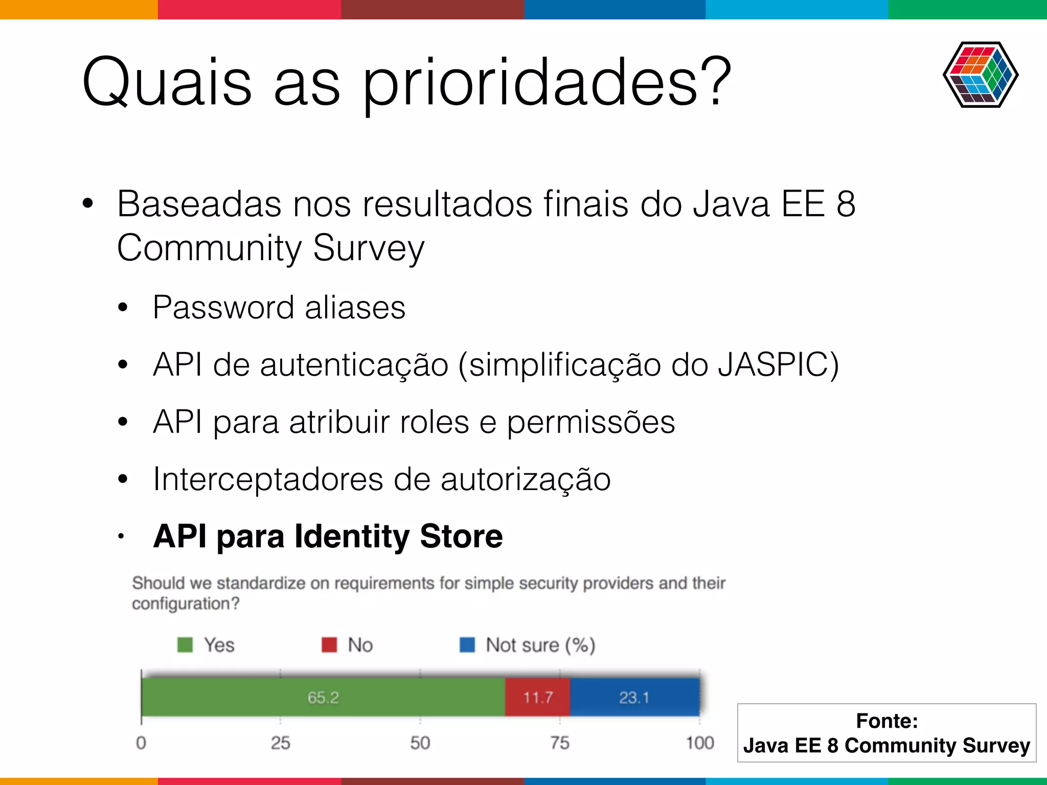 Quais as prioridades?
• Baseadas nos resultados ﬁnais do Java EE 8
Community Survey
• Password aliases
• API de autenticação (simpliﬁcação do JASPIC)
• API para atribuir roles e permissões
• Interceptadores de autorização
• API para Identity Store
Fonte:
Java EE 8 Community Survey
 
