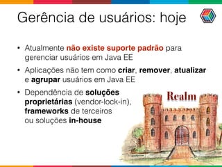 Gerência de usuários: hoje
• Atualmente não existe suporte padrão para
gerenciar usuários em Java EE
• Aplicações não tem como criar, remover, atualizar
e agrupar usuários em Java EE
• Dependência de soluções  
proprietárias (vendor-lock-in),  
frameworks de terceiros  
ou soluções in-house
Realm
 