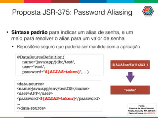 Proposta JSR-375: Password Aliasing
• Sintaxe padrão para indicar um alias de senha, e um
meio para resolver o alias para um valor de senha
• Repositório seguro que poderia ser mantido com a aplicação
<data-source>
<name>java:app/env/testDS</name>
<user>APP</user>
<password>${ALIAS=token}</password>
...
</data-source>
@DataSourceDeﬁnition(
name="java:app/jdbc/test",
user="root",
password="${ALIAS=token}", ...)
Fonte:
Palestra de Alex Kowolski
Finally, Security API JSR 375 
Devoxx France Apr 08 2015
${ALIAS=a#6W@+2&3_}
"senha"
 