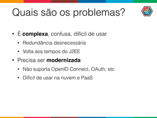 Quais são os problemas?
• É complexa, confusa, difícil de usar
• Redundância desnecessária
• Volta aos tempos do J2EE
• Precisa ser modernizada
• Não suporta OpenID Connect, OAuth, etc
• Difícil de usar na nuvem e PaaS
 