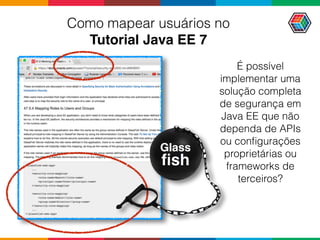 Como mapear usuários no 
Tutorial Java EE 7
Glass 
ﬁsh
É possível
implementar uma
solução completa
de segurança em
Java EE que não
dependa de APIs
ou conﬁgurações
proprietárias ou
frameworks de
terceiros?
 