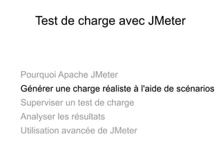 Test de charge avec JMeter



Pourquoi Apache JMeter
Générer une charge réaliste à l'aide de scénarios
Superviser un test de charge
Analyser les résultats
Utilisation avancée de JMeter
 