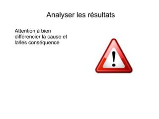 Analyser les résultats

Attention à bien
différencier la cause et
la/les conséquence
 