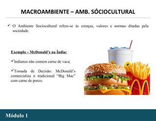 - 11 -
 O Ambiente Sociocultural refere-se às crenças, valores e normas ditadas pela
sociedade.
Exemplo – McDonald’s na Índia:
Indianos não comem carne de vaca;
Tomada de Decisão: McDonald’s
comercializa o tradicional “Big Mac”
com carne de porco.
MACROAMBIENTE – AMB. SÓCIOCULTURAL
Módulo 1Módulo 1
 