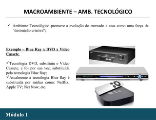 - 13 -
 Ambiente Tecnológico promove a evolução do mercado e atua como uma força de
“destruição criativa”;
Exemplo – Blue Ray x DVD x Video
Cassete
Tecnologia DVD, substituiu o Vídeo
Cassete, e foi por sua vez, substituída
pela tecnologia Blue Ray;
Atualmente a tecnologia Blue Ray é
substituída por mídias como: Netflix;
Apple TV; Net Now; etc.
MACROAMBIENTE – AMB. TECNOLÓGICO
Módulo 1Módulo 1
 