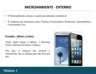 - 16 -
• O Microambiente externo é a parte parcialmente controlável;
• É composto por elementos como: Clientes; Fornecedores; Produtores; Intermediários;
Concorrentes; Etc.
Exemplo – Iphone x Galaxy
•Após Apple lançar o Iphone, a Samsung
Toma a Decisão de lançar o Galaxy;
•Ou seja: A empresa não controla o
concorrente, mas se adequa para não ficar pra
trás.
MICROAMBIENTE - EXTERNO
Módulo 1Módulo 1
 