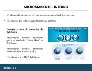 - 17 -
• O Microambiente interno é a parte totalmente controlável pela empresa;
• É composto por todos os departamentos da empresa;
Exemplo – Área de Marketing da
Telefônica
•Informações internas apontavam
queda na venda de “Linhas Fixas” na
Telefônica;
•Informações externas, apontavam
crescimento do “Combo NET”;
•Telefônica cria o TRIO Telefônica;
MICROAMBIENTE - INTERNO
Módulo 1Módulo 1
 