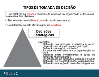 - 30 -Módulo 2Módulo 2
TIPOS DE TOMADA DE DECISÃO
 São relativas às grandes escolhas de objetivos da organização e dos meios
para realizar tais objetivos.
 São tomadas no nível hierárquico da cúpula empresarial
 Caracterizam-se pelo elevado grau de incerteza
Exemplos:
Definição dos produtos e serviços a serem
oferecidos ao mercado pela organização;
Definição de negócio e missão;
Escolha de mercados em a organização vai
atuar;
Decisões sobre investimentos e busca de
fontes de financiamentos
Diversificação de mercados, abertura de filiais;
Definição de Reestruturação organizacional,
Definição de adoção de novas tecnologias, etc
 
