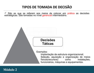 - 31 -Módulo 2Módulo 2
TIPOS DE TOMADA DE DECISÃO
 São as que se referem aos meios de colocar em prática as decisões
estratégicas. São tomadas no nível gerencial intermediário.
Exemplos:
Implantação de estrutura organizacional;
Seleção, aquisição e organização de meios
físicos(recursos) como instalações,
funcionários, máquinas e equipamentos.
Decisões
Táticas
 