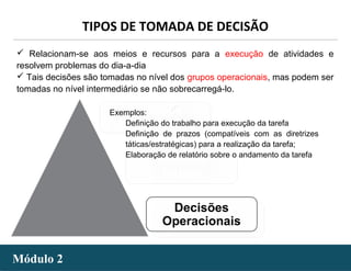 - 32 -Módulo 2Módulo 2
TIPOS DE TOMADA DE DECISÃO
 Relacionam-se aos meios e recursos para a execução de atividades e
resolvem problemas do dia-a-dia
 Tais decisões são tomadas no nível dos grupos operacionais, mas podem ser
tomadas no nível intermediário se não sobrecarregá-lo.
Exemplos:
Definição do trabalho para execução da tarefa
Definição de prazos (compatíveis com as diretrizes
táticas/estratégicas) para a realização da tarefa;
Elaboração de relatório sobre o andamento da tarefa
Decisões
Operacionais
 