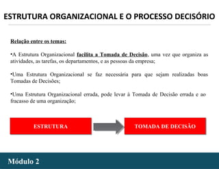 - 43 -Módulo 2Módulo 2
ESTRUTURA ORGANIZACIONAL E O PROCESSO DECISÓRIO
Relação entre os temas:
•A Estrutura Organizacional facilita a Tomada de Decisão, uma vez que organiza as
atividades, as tarefas, os departamentos, e as pessoas da empresa;
•Uma Estrutura Organizacional se faz necessária para que sejam realizadas boas
Tomadas de Decisões;
•Uma Estrutura Organizacional errada, pode levar à Tomada de Decisão errada e ao
fracasso de uma organização;
ESTRUTURAESTRUTURA TOMADA DE DECISÃOTOMADA DE DECISÃO
 