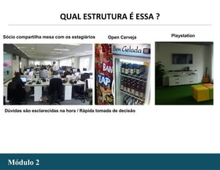 - 47 -Módulo 2Módulo 2
QUAL ESTRUTURA É ESSA ?
Sócio compartilha mesa com os estagiários Open Cerveja Playstation
Dúvidas são esclarecidas na hora / Rápida tomada de decisão
 