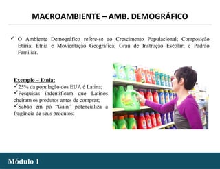 - 9 -
 O Ambiente Demográfico refere-se ao Crescimento Populacional; Composição
Etária; Etnia e Movientação Geográfica; Grau de Instrução Escolar; e Padrão
Familiar.
Exemplo – Etnia:
25% da população dos EUA é Latina;
Pesquisas indentificam que Latinos
cheiram os produtos antes de comprar;
Sabão em pó “Gain” potencializa a
fragância de seus produtos;
MACROAMBIENTE – AMB. DEMOGRÁFICO
Módulo 1Módulo 1
 