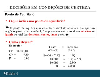 - 28 -
DECISÕES EM CONDIÇÕES DE CERTEZA
Módulo 4Módulo 4
• O que indica um ponto de equilíbrio?
Ponto de Equilíbrio
“ “
• Como calcular?
Exemplo:
CF = 10.000,00
CV = 7,50
P = 10,00
Custos = Receitas
(CF + CV) (P X Q)
10.000 + 7,5Q = 10Q
10.000 = 10Q – 7,5Q
10.000 = 2,5Q
Q = 4.000
 