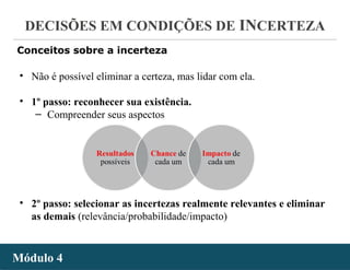 - 32 -
DECISÕES EM CONDIÇÕES DE INCERTEZA
Módulo 4Módulo 4
Conceitos sobre a incerteza
• Não é possível eliminar a certeza, mas lidar com ela.
• 1º passo: reconhecer sua existência.
‒ Compreender seus aspectos
• 2º passo: selecionar as incertezas realmente relevantes e eliminar
as demais (relevância/probabilidade/impacto)
 