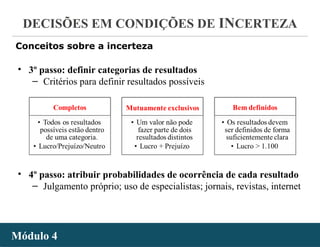 - 33 -
DECISÕES EM CONDIÇÕES DE INCERTEZA
Módulo 4Módulo 4
Conceitos sobre a incerteza
• 3º passo: definir categorias de resultados
‒ Critérios para definir resultados possíveis
• 4º passo: atribuir probabilidades de ocorrência de cada resultado
‒ Julgamento próprio; uso de especialistas; jornais, revistas, internet
 