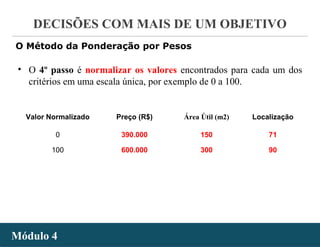 - 47 -
DECISÕES COM MAIS DE UM OBJETIVO
Módulo 4Módulo 4
• O 4º passo é normalizar os valores encontrados para cada um dos
critérios em uma escala única, por exemplo de 0 a 100.
Valor Normalizado Preço (R$) Área Útil (m2) Localização
0 390.000 150 71
100 600.000 300 90
O Método da Ponderação por Pesos
 