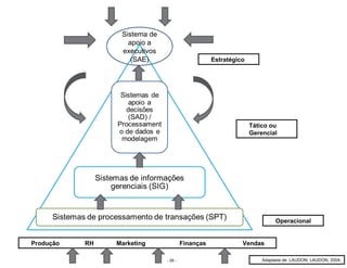 - 20 -
Produção RH Marketing Finanças Vendas
Operacional
Tático ou
Gerencial
Estratégico
Sistema de
apoio a
executivos
(SAE)
Adaptada de: LAUDON; LAUDON, 2004.
 