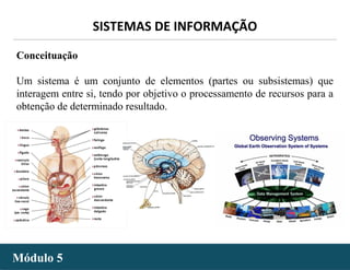 - 3 -
SISTEMAS DE INFORMAÇÃO
Módulo 5Módulo 5
Conceituação
Um sistema é um conjunto de elementos (partes ou subsistemas) que
interagem entre si, tendo por objetivo o processamento de recursos para a
obtenção de determinado resultado.
 