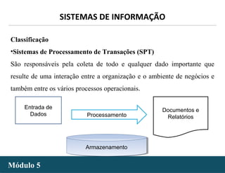- 8 -
SISTEMAS DE INFORMAÇÃO
Módulo 5Módulo 5
Classificação
•Sistemas de Processamento de Transações (SPT)
São responsáveis pela coleta de todo e qualquer dado importante que
resulte de uma interação entre a organização e o ambiente de negócios e
também entre os vários processos operacionais.
Entrada de
Dados Processamento
Documentos e
Relatórios
ArmazenamentoArmazenamento
 