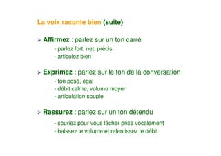 La voix raconte bien (suite)

 Affirmez : parlez sur un ton carré
     - parlez fort, net, précis
     - articulez bien

 Exprimez : parlez sur le ton de la conversation
     - ton posé, égal
     - débit calme, volume moyen
     - articulation souple

 Rassurez : parlez sur un ton détendu
     - souriez pour vous lâcher prise vocalement
     - baissez le volume et ralentissez le débit
 