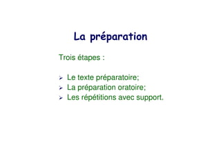 ) !)
Trois étapes :

  Le texte préparatoire;
  La préparation oratoire;
  Les répétitions avec support.
 