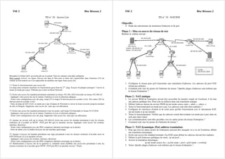 TSE 2 Bloc Réseaux 2
TD n° 18 : Access List
Récupérer le fichier td18_accesslist.pkt sur le portail. Tous les routeurs sont déjà configurés.
Petit conseil: écrivez vos lignes d'access list dans le bloc-note et faites des copier/coller dans l'interface CLI du
routeur au bon endroit car il est impossible de modifier une ligne d'une access list.
1°) Tester le fonctionnement sans access list :
Les ping entre certaines machines ne fonctionnent qu'au bout du 2ème
ping. Essayer d'expliquer pourquoi ? (suivre la
trame en mode pas à pas). N'hésiter pas à faire un Reset Network.
2°) Ecrire une access list standard permettant seulement au réseau 192.168.1.0/24 d'accéder au réseau 192.168.4.0.
- Appliquer votre access list sur le routeur, l'interface et avec la direction adéquats.
- Tester votre configuration avec des ping. istapc123 et istapc124 doivent pouvoir accéder à AA1. Par contre, GJ3 ne
doit pas pouvoir accéder à AA1.
- Faire un ping de GJ3 à AA1 en mode pas à pas (Capture & Forward) et suivre la trame associée jusqu'au moment
où elle est bloquée. Supprimer cette access list ainsi que son affectation.
3°) Ecrire une access list standard permettant à tous les postes sauf istapc124 d'atteindre le réseau 55.5.5.0/16.
- Appliquer votre access list sur le routeur, l'interface et avec la direction adéquats.
- Tester votre configuration avec des ping. Supprimer cette access list ainsi que son affectation.
4°) Ajouter un serveur web sur le réseau 192.168.4.0, écrire une access list étendue permettant à tous les réseaux
extérieurs de n’accéder en HTTP (TCP port 80) qu'à la machine serveur. Appliquer votre access list (routeur,
interface, direction).
- Tester votre configuration avec des PDU complexes (dernière enveloppe sur la droite).
- Faire de même avec la fenêtre browser sur une machine quelconque.
5°) Ajouter à l'access list étendue précédente une règle permettant à tous les réseaux extérieurs d’accéder aussi en
FTP (TCP port 21) à la machine serveur.
- Appliquer votre access list (routeur, interface, direction).
- Tester votre configuration avec des PDU complexes (dernière enveloppe sur la droite).
6°) Relativement à l'access list de la question 4, comment serait modifiée une access-list permettant à tous les
réseaux extérieurs de n’accéder qu'en HTTP (TCP port 80) à la machine serveur ? Tester.
TSE 2 Bloc Réseaux 2
TD n° 19 : NAT-PAT
Objectifs:
Etude des mécanismes de translation d'adresses et de port
Phase 1 : Mise en oeuvre du réseau de test
Réaliser le schéma suivant :
1. Configurer le réseau pour qu'il fonctionne sans translation d'adresses. Les adresses du pool NAT
n'étant pas utilisées.
2. Comment sont vues les postes de l'intérieur du réseau ? Quelles plages d'adresses sont utilisées par
le réseau d'entreprise ?
Phase 2 : NAT statique
1. Le serveur WEB de l'entreprise devant être accessible de manière simple de l'extérieur, il lui faut
une adresse publique fixe. Pour cela on utilisera donc une translation statique.
2. Définir l'adresse interne du serveur WEB (ip nat inside source static « adint » « adext »)
3. Tester le fonctionnement en mode pas à pas. Les adresses sont elles bien traduites ?
4. Configurer les interfaces d'entrée et de sortie pour qu'elles fonctionnent avec le mécanisme NAT.
(ip nat inside et ip nat outside)
5. Tester le fonctionnement. Vérifier que les adresses soient bien traduite (en mode pas à pas) dans un
sens puis dans l'autre.
6. Les communications sont-elles possibles vers les autres postes du réseau d'entreprise ?
7. Comment sont vues les postes de l'intérieur du réseau ?
Phase 3 : NAT dynamique (Port address translation)
1. Pour que tous les autres postes de l'entreprise puissent être masquée vis à vis de l'extérieur, définir
une translation dynamique.
2. Ecrire une access-list standard nommée (AccNAT) pour définir les adresses devant être traduites.
3. Définir le poll d'adresses publiques de sortie : ip nat pool …
4. Activer la translation dynamique :
ip nat inside source list « acclist name » pool « pool name » overload
5. Tester. Quelles plages d'adresses sont utilisées par le réseau d'entreprise ?
 