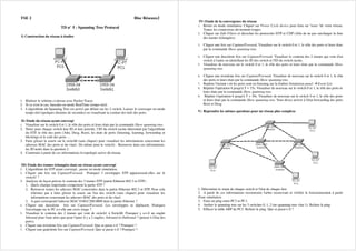 TSE 2 Bloc Réseaux2
TD n° 5 : Spanning Tree Protocol
I) Construction du réseau à étudier
1. Réaliser le schéma ci-dessus avec Packet Tracer.
2. Si ce n'est le cas, basculer en mode RealTime (temps réel).
3. L'algorithme du Spanning Tree est activé par défaut sur les 2 switch. Laisser le converger en mode
temps réel (quelques dizaines de secondes) en visualisant la couleur des leds des ports.
II) Etude du réseau ayant convergé
1. Visualiser sur le switch 0 et 1, le rôle des ports et leurs états par la commande Show spanning-tree.
2. Noter pour chaque switch leur ID et leur priorité, l’ID du switch racine déterminé par l'algorithme
du STP, le rôle des ports (Altn, Desg, Root), les états de ports (listening, learning, forwarding et
blocking) et le coût des ports …
3. Faire glisser la souris sur le switch0 (sans cliquer) pour visualiser les informations concernant les
adresses MAC des ports et du vlan1. De même pour le switch1. Retrouver dans ces informations,
les ID notés dans la question 2.
4. Construire à partir de ces informations la topologie active du réseau.
III) Etude des trames échangées dans un réseau ayant convergé
1. L'algorithme du STP ayant convergé, passer en mode simulation.
2. Cliquer une fois sur Capture/Forward. Pourquoi 3 enveloppes STP apparaissent-elles sur le
switch1 ?
3. Analyser de façon précise le contenu des 3 trames STP (partie Ethernet 802.3 et STP) :
1. Quels champs importants comportent la partie STP ?
2. Retrouver toutes les adresses MAC concernées dans la partie Ethernet 802.3 et STP. Pour cela
n'hésitez pas à faire glisser la souris sur l'un des switch (sans cliquer) pour visualiser les
informations concernant les adresses MAC des ports et du vlan1.
3. A quoi correspond l'adresse MAC 0180.C200.0000 dans la partie Ethernet ?
4. Cliquer une deuxième fois sur Capture/Forward. Les enveloppes se déplacent. Pourquoi
l'enveloppe sur le PC a-t-elle une croix rouge ?
5. Visualiser le contenu des 2 trames qui vont de switch1 à Switch0. Pourquoi y a-t-il un onglet
Inbound pour l'une alors que pour l'autre il y a 2 onglets: Inbound et Outbound ? (penser à l'état des
ports).
6. Cliquer une troisième fois sur Capture/Forward. Que se passe-t-il ? Pourquoi ?
7. Cliquer une quatrième fois sur Capture/Forward. Que se passe-t-il ? Pourquoi ?
IV) Etude de la convergence du réseau
1. Rester en mode simulation. Cliquer sur Power Cycle device pour faire un "reset "de votre réseau.
Toutes les connexions deviennent rouges.
2. Cliquer sur Edit Filters et décocher les protocoles DTP et CDP (Afin de ne pas surcharger la liste
des trames échangées).
3. Cliquer une fois sur Capture/Forward. Visualiser sur le switch 0 et 1, le rôle des ports et leurs états
par la commande Show spanning-tree.
4. Cliquer une deuxième fois sur Capture/Forward. Visualiser le contenu des 2 trames qui vont d'un
switch à l'autre en identifiant les ID des switch et l'ID du switch racine.
5. Visualiser de nouveau sur le switch 0 et 1, le rôle des ports et leurs états par la commande Show
spanning-tree.
6. Cliquer une troisième fois sur Capture/Forward. Visualiser de nouveau sur le switch 0 et 1, le rôle
des ports et leurs états par la commande Show spanning-tree.
7. Repérer l'instant t où les ports sont en listening sur la fenêtre Simulation panel Event List
8. Répéter l'opération 6 jusqu'à T + 15s. Visualiser de nouveau sur le switch 0 et 1, le rôle des ports et
leurs états par la commande Show spanning-tree.
9. Répéter l'opération 6 jusqu'à T + 30s. Visualiser de nouveau sur le switch 0 et 1, le rôle des ports
et leurs états par la commande Show spanning-tree. Vous devez arriver à l'état forwarding des ports
Root et Desg.
V) Reprendre les mêmes questions pour un réseau plus complexe
1. Déterminer le statut de chaque switch et l'état de chaque lien.
2. A partir de ces informations reconstruire l'arbre recouvrant et vérifier le fonctionnement à partir
d'une simulation.
3. Faire un ping entre PC3 et PC1.
4. Arrêter le spanning tree sur les 3 switches 0, 1, 2 (no spanning-tree vlan 1). Refaire le ping
5. Effacer la table ARP du PC3. Refaire le ping. Que se passe-t-il ?
 