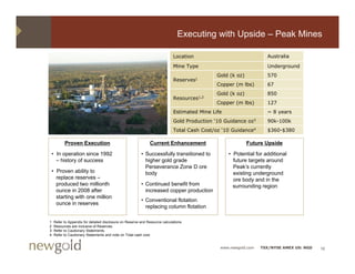 Executing with Upside – Peak Mines

                                                                             Location                               Australia

                                                                             Mine Type                              Underground
                                                                                              Gold (k oz)           570
                                                                             Reserves1
                                                                                              Copper (m lbs)        67
                                                                                              Gold (k oz)           850
                                                                             Resources1,2
                                                                                              Copper (m lbs)        127
                                                                             Estimated Mine Life                    ~ 8 years
                                                                             Gold Production ‘10 G id
                                                                             G ld P d ti         Guidance oz3       90k-100k
                                                                                                                    90k 100k
                                                                             Total Cash Cost/oz ‘10 Guidance4       $360-$380

          Proven Execution                                     Current Enhancement                          Future Upside

• In operation since 1992                                • Successfully transitioned to            • Potential for additional
  – history of success                                     higher gold grade                         future targets around
                                                           Perseverance Zone D ore                   Peak’s currently
• Proven ability to                                        body                                      existing underground
  replace reserves –                                                                                 ore body and in the
  produced two millionth                                 • Continued benefit from                    surrounding region
                                                                                                                g g
  ounce i 2008 after
         in        ft                                      increased copper production
                                                           i       d            d ti
  starting with one million
                                                         • Conventional flotation
  ounce in reserves
                                                           replacing column flotation

1   Refer to Appendix for detailed disclosure on Reserve and Resource calculations.
              pp
2   Resources are inclusive of Reserves.
3   Refer to Cautionary Statements.
4   Refer to Cautionary Statements and note on Total cash cost.


                                                                                               www.newgold.com   TSX/NYSE AMEX US: NGD   16
 