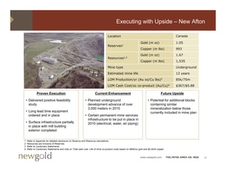 Executing with Upside – New Afton

                                                                                 Location                                                        Canada

                                                                                                                 Gold (m oz)                     1.05
                                                                                 Reserves1
                                                                                                                 Copper (m lbs)                  993
                                                                                                                 Gold (m )
                                                                                                                 G ld ( oz)                      1.67
                                                                                                                                                 1 67
                                                                                 Resources1,2
                                                                                                                 Copper (m lbs)                  1,535
                                                                                 Mine type                                                       Underground
                                                                                 Estimated mine life                                             12 years
                                                                                 LOM Production/yr (Au oz/Cu lbs)3                               85k/75m
                                                                                 LOM Cash Cost/oz co-product (Au/Cu)4                            $367/$0.88

             Proven Execution                                        Current Enhancement                                            Future Upside

    • Delivered positive feasibility                       • Planned underground                                        • Potential for additional blocks
      study                                                  development advance of over                                  containing similar
                                                             3,000 meters in 2010                                         mineralization below those
    • Long lead time equipment                                                                                            currently included in mine plan
      ordered and in place                                 • Certain permanent mine services
                                                             infrastructure to be put in place in
    • Surface infrastructure partially                       2010 (electrical, water, air piping)
      in place with mill building
      exterior completed


1   Refer to Appendix for detailed disclosure on Reserve and Resource calculations.
              pp
2   Resources are inclusive of Reserves.
3   Refer to Cautionary Statements.
4   Refer to Cautionary Statements and note on Total cash cost. Life of mine co-product costs based on $850/oz gold and $2.00/lb copper.


                                                                                                                www.newgold.com            TSX/NYSE AMEX US: NGD   17
 