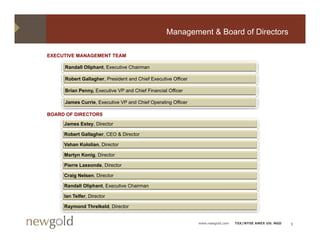 Management & Board of Directors

EXECUTIVE MANAGEMENT TEAM

     Randall Oliphant, Executive Chairman

     Robert Gallagher, President and Chief Executive Officer

     Brian Penny, Executive VP and Chief Financial Officer

     James Currie, Executive VP and Chief Operating Officer

BOARD OF DIRECTORS
     James Estey, Director

     Robert Gallagher, CEO & Director

     Vahan Kololian, Director

     Martyn Konig, Director

     Pierre Lassonde, Director

     Craig Nelsen, Director

     Randall Oliphant, Executive Chairman

     Ian Telfer, Director

     Raymond Threlkeld, Director


                                                               www.newgold.com   TSX/NYSE AMEX US: NGD   5
 