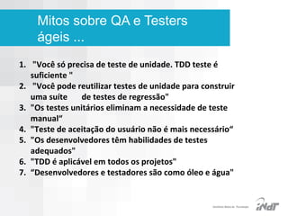 Mitos sobre QA e Testers
ágeis ...
1. "Você só precisa de teste de unidade. TDD teste é
suficiente "
2. "Você pode reutilizar testes de unidade para construir
uma suíte
de testes de regressão"
3. "Os testes unitários eliminam a necessidade de teste
manual“
4. "Teste de aceitação do usuário não é mais necessário“
5. "Os desenvolvedores têm habilidades de testes
adequados"
6. "TDD é aplicável em todos os projetos"
7. “Desenvolvedores e testadores são como óleo e água"

IInstituto Nokia de Tecnologia

 