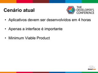 Globalcode – Open4education
Cenário atual
• Aplicativos devem ser desenvolvidos em 4 horas
• Apenas a interface é importante
• Minimum Viable Product
 