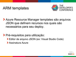 Globalcode – Open4education
ARM templates
Azure Resource Manager templates são arquivos
JSON que definem recursos nos quais são
necessários para seu deploy.
Pré-requisitos para utilização:
Editor de arquivo JSON (ex: Visual Studio Code)
Assinatura Azure
 