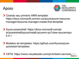 Globalcode – Open4education
Apoio
Criando seu primeiro ARM template:
https://docs.microsoft.com/en-us/azure/azure-resource-
manager/resource-manager-create-first-template
Azure powershell: https://docs.microsoft.com/pt-
br/powershell/azure/install-azurerm-ps?view=azurermps-
4.4.1
Modelos de templates: https://github.com/Azure/azure-
quickstart-templates
VSTS: https://www.visualstudio.com/pt-br/team-services
 