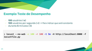 Exemplo Teste de Desempenho
- 100 usuários (-c)
- 100 usuários por segundo (-r) -> Para indicar que será constante
- durante 5 minutos (-t)
23
> locust --no-web -c 100 -r 100 -t 5m -H http://localhost:8000 -f
locustfile.py
 
