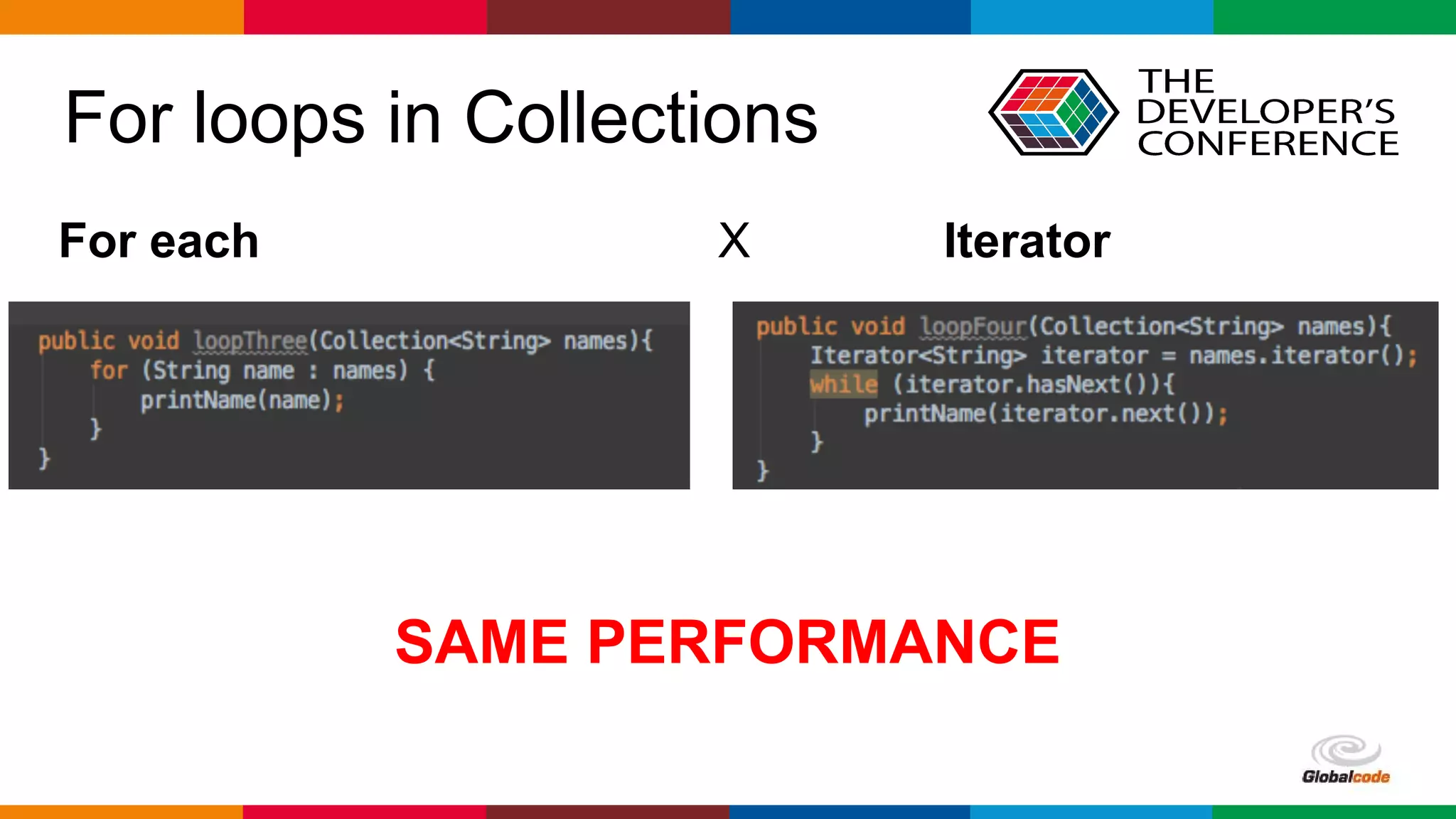 Globalcode – Open4education
For loops in Collections
For each X Iterator
SAME PERFORMANCE
 