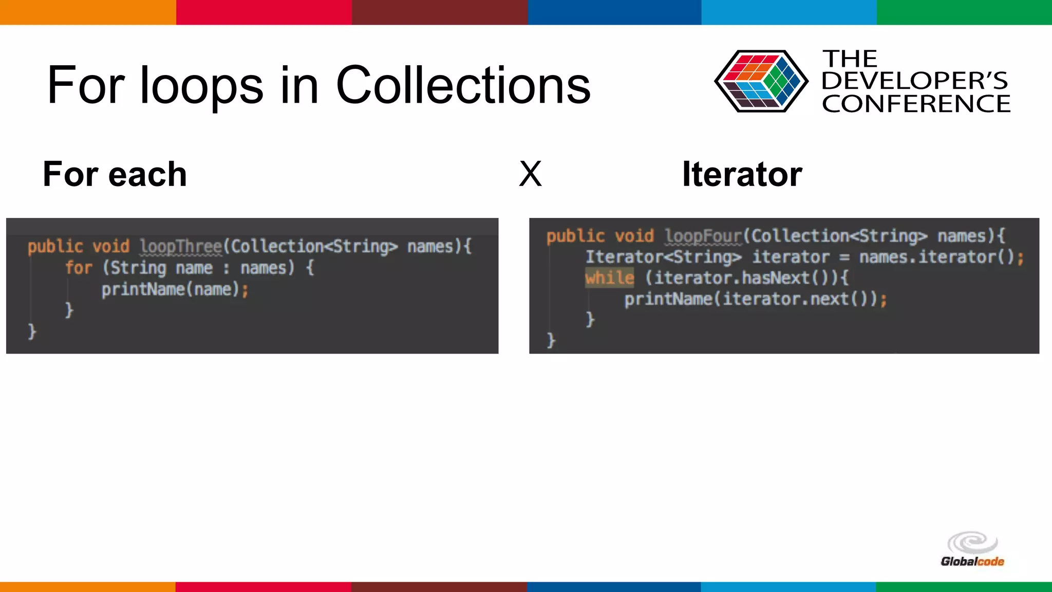 Globalcode – Open4education
For loops in Collections
For each X Iterator
 