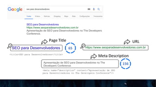 SEO para Desenvolvedores
https://www.seoparadesenvolvedores.com.br
Apresentação de SEO para Desenvolvedores no The Developers
Conference.
SEO para Desenvolvedores
Page Title
65
<title>SEO para Desenvolvedores</title>
https://www.seoparadesenvolvedores.com.br
URL
Apresentação de SEO para Desenvolvedores no The
Developers Conference.
Meta Description
156
<meta name=“description” content=“Apresentação de SEO
para Desenvolvedores no The Developers Conference”/>
 