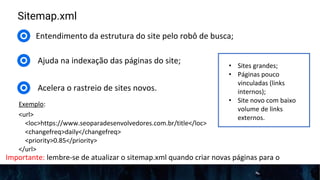 Sitemap.xml
Entendimento da estrutura do site pelo robô de busca;
Ajuda na indexação das páginas do site;
Acelera o rastreio de sites novos.
Exemplo:
<url>
<loc>https://www.seoparadesenvolvedores.com.br/title</loc>
<changefreq>daily</changefreq>
<priority>0.85</priority>
</url>
Importante: lembre-se de atualizar o sitemap.xml quando criar novas páginas para o
site.
• Sites grandes;
• Páginas pouco
vinculadas (links
internos);
• Site novo com baixo
volume de links
externos.
 