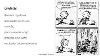 Classificação da informação: Uso Interno
Controle
decisões top-down,
aprovações gerenciais,
comitês,
planejamentos longos
processos ineficazes
resultados pouco valorizados
 