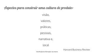 Classificação da informação: Uso Interno
Aspectos para construir uma cultura de produto:
visão,
valores,
práticas,
pessoas,
narrativa e,
local
Harvard Business Review
 